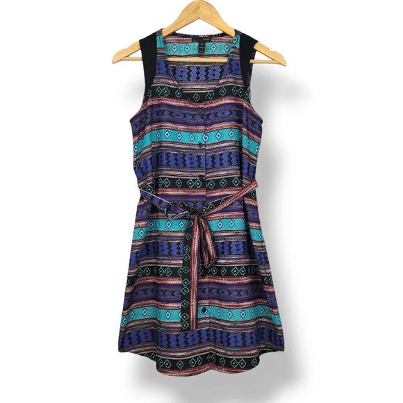 NEW Aqua Southwestern Striped Sleeveless Button Down Belted Shirt Dress Size Med - Picture 3 of 12